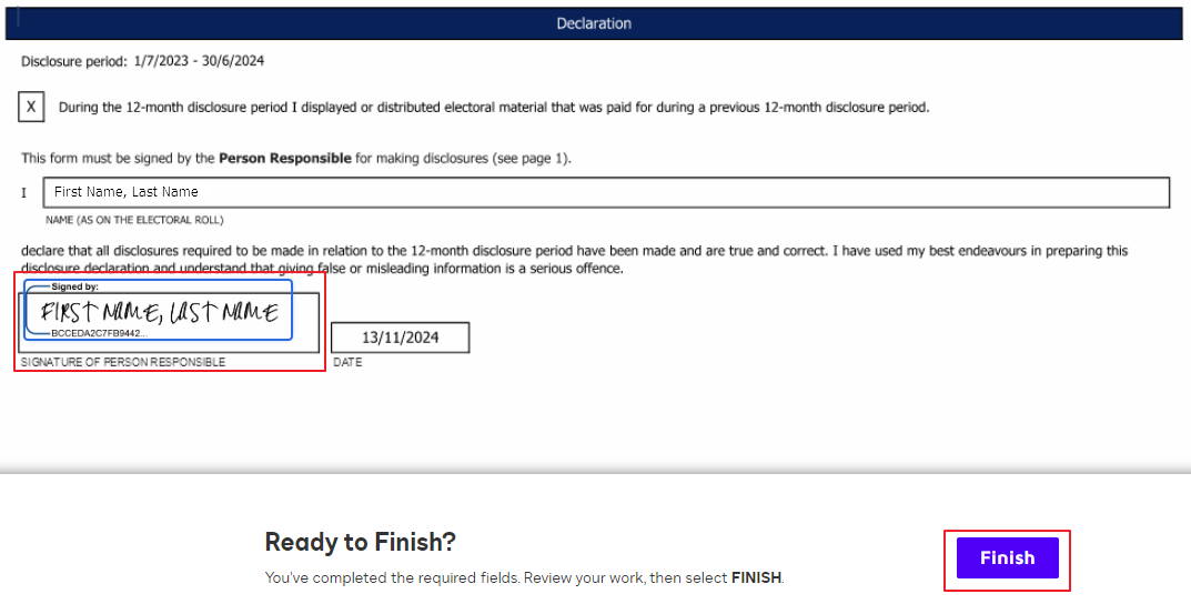 'Finish' button to submit your disclosure