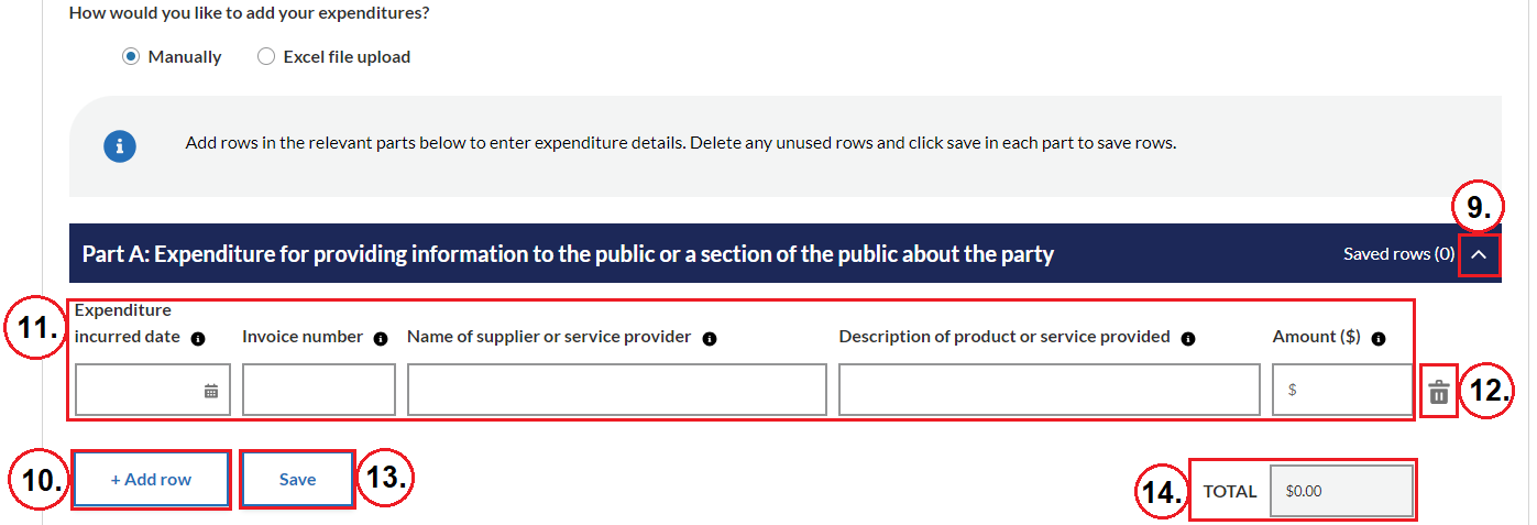 Figure 3.2 Manual data entry on Expenditure details page for New Parties Fund claim form
