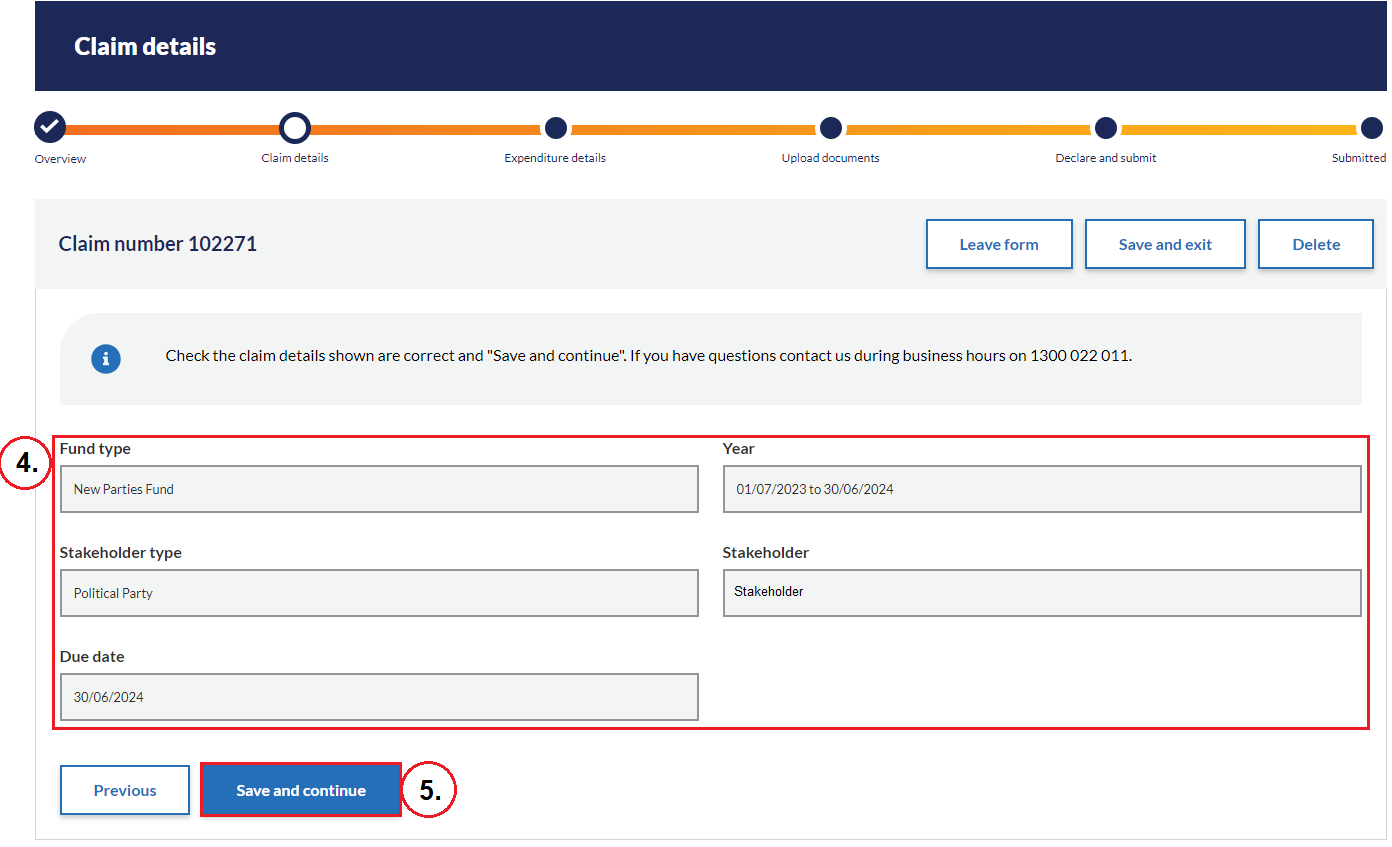 Figure 2: Claim details page for New Parties Fund claim form