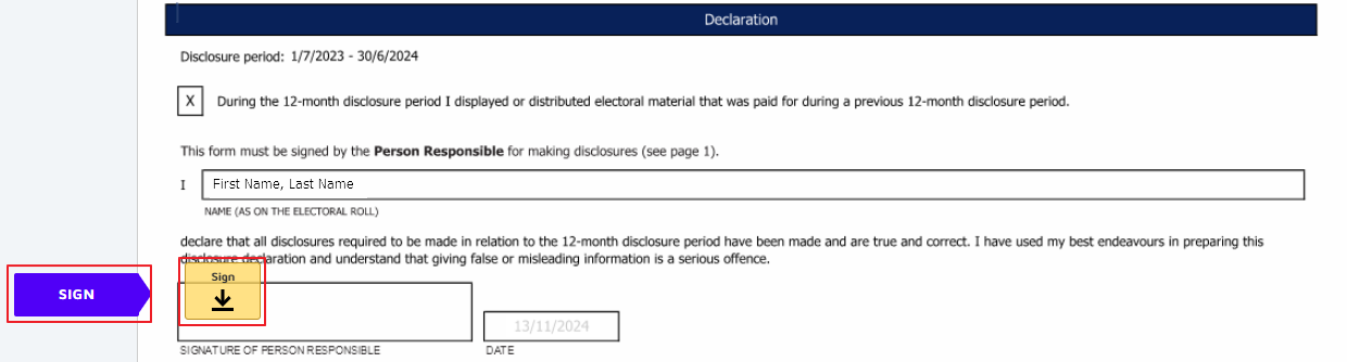 Declaration statement and 'Sign' button