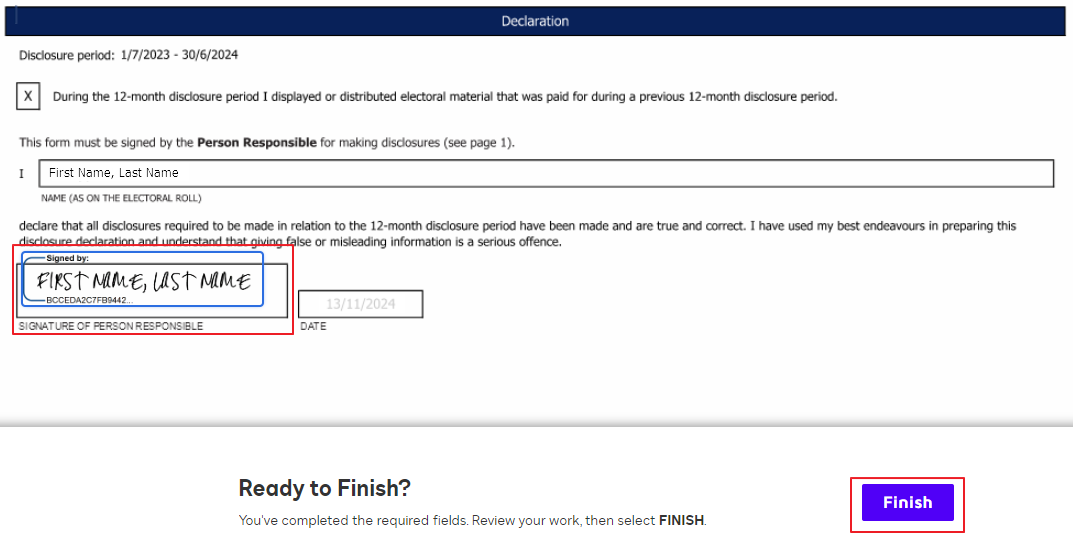 Signature box and 'Finish' button