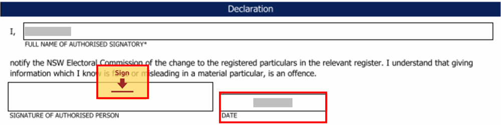 Shows Sign and Date boxes in declaration section