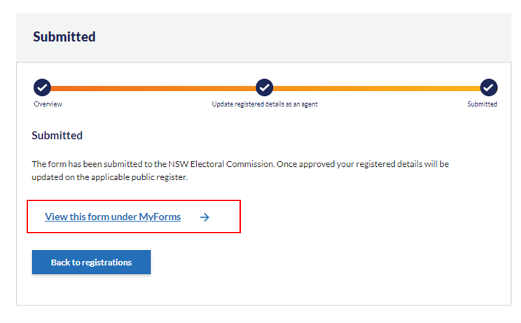 Shows Submitted screen including View this form under MyForms button