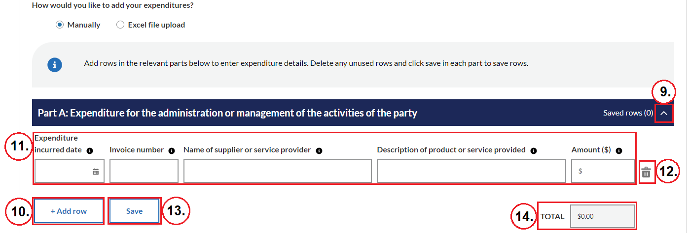 Figure 3.2 Manual data entry on Expenditure details page for Administration Fund Final claim form