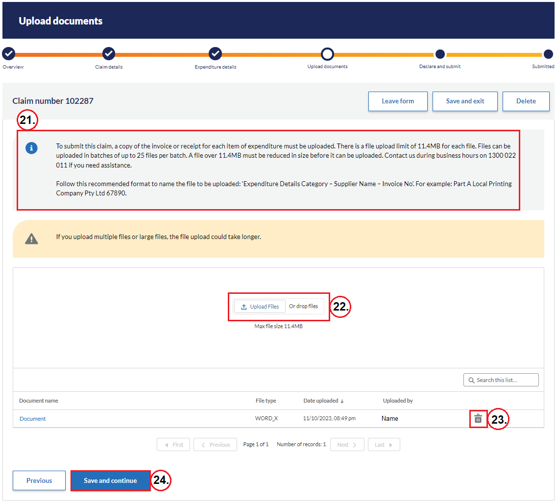 Figure 4: Upload documents page for New Parties Fund claim form