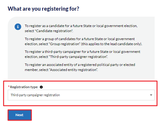 Third-party campaigner registration instructions in Funding and disclosure online